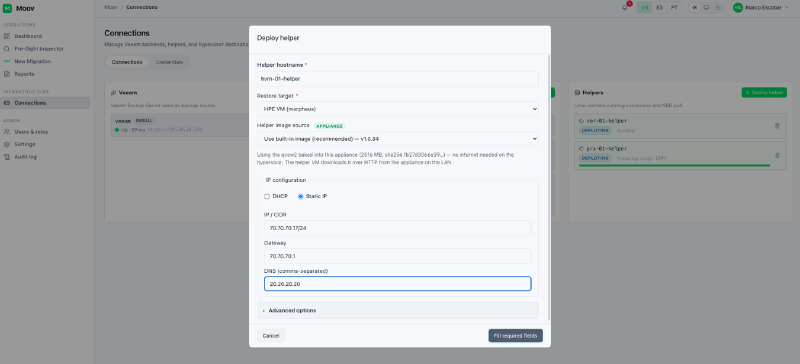Deploy helper modal in Moov, with several helpers in DEPLOYING state in the side panel