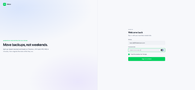 Login screen of the Moov console with the tagline Move backups, not weekends