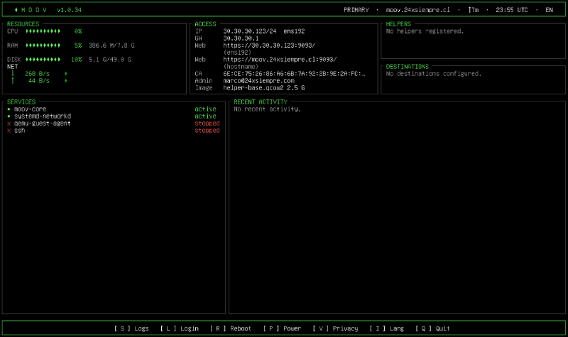 Moov moov-info status console, showing resources, access, services, helpers and targets, with ssh stopped