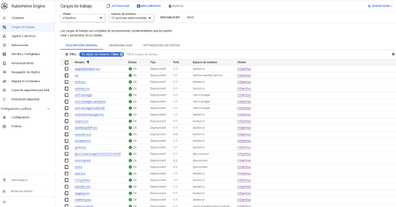 Como usar Kasten K10 con Google Anthos — cluster dashboard gke