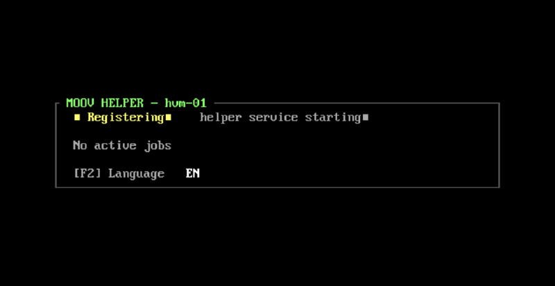 Consola TUI del helper de Moov mostrando su estado, el registro contra el Core y los trabajos en curso