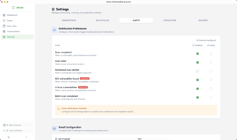 vScan Vulnerability Scanner 2.0 — alerts